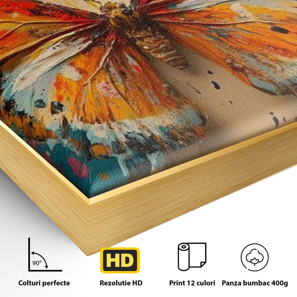 Detaliu al suprafetei: pictura canvas cu fluture portocaliu pe fond cromatic, in rama de aluminiu auriu