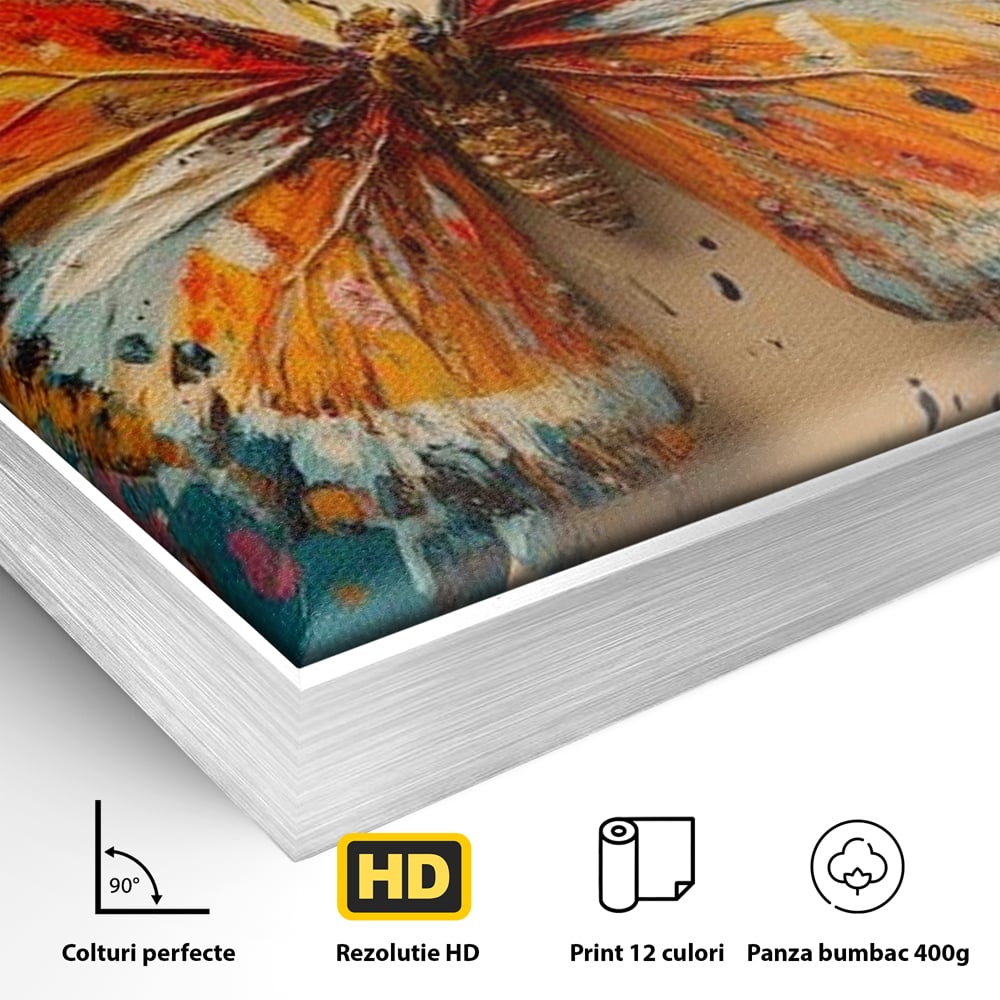 Detaliu al suprafetei: pictura canvas cu fluture portocaliu pe fond cromatic, in rama de aluminiu argintiu