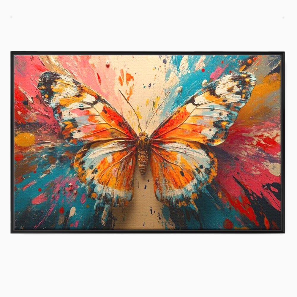 Tablou canvas cu pictura canvas cu fluture portocaliu pe fond cromatic, in rama de aluminiu negru