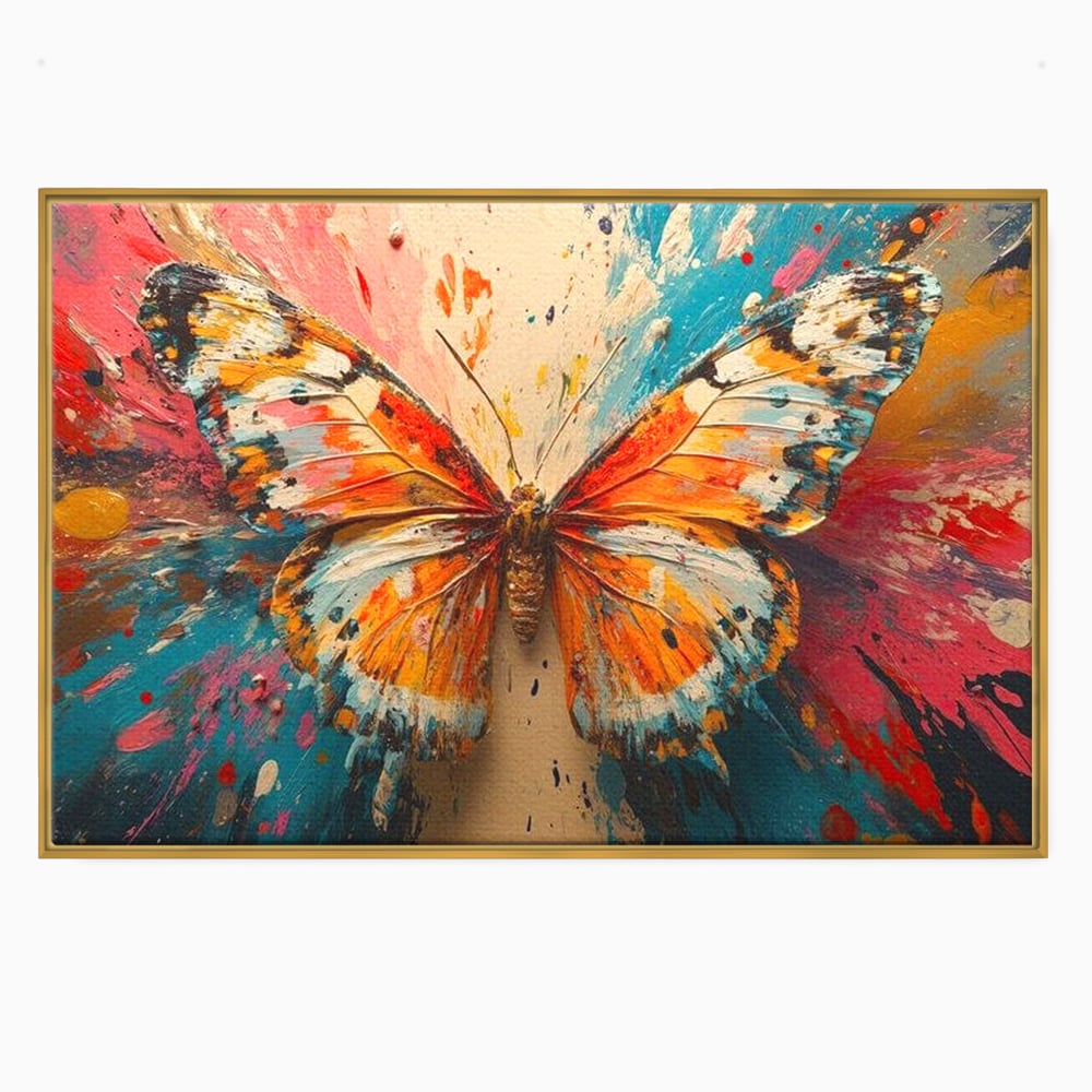 Tablou canvas cu pictura canvas cu fluture portocaliu pe fond cromatic, in rama de aluminiu auriu