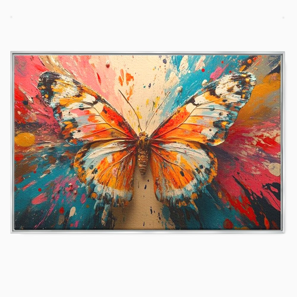 Tablou canvas cu pictura canvas cu fluture portocaliu pe fond cromatic, in rama de aluminiu argintiu