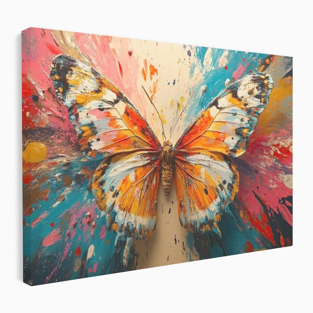 Tablou canvas cu pictura canvas cu fluture portocaliu pe fond cromatic, fara rama, pe sasiu de lemn