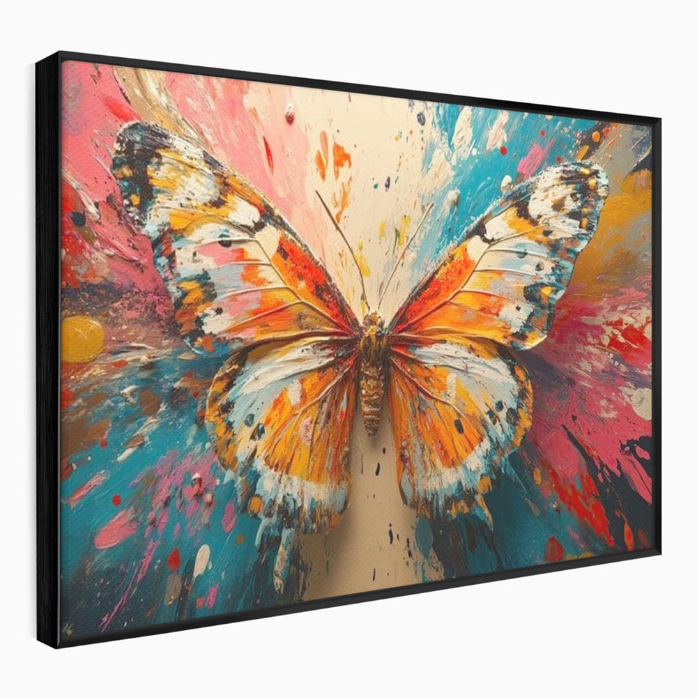 Tablou canvas cu pictura canvas cu fluture portocaliu pe fond cromatic, in rama de aluminiu negru