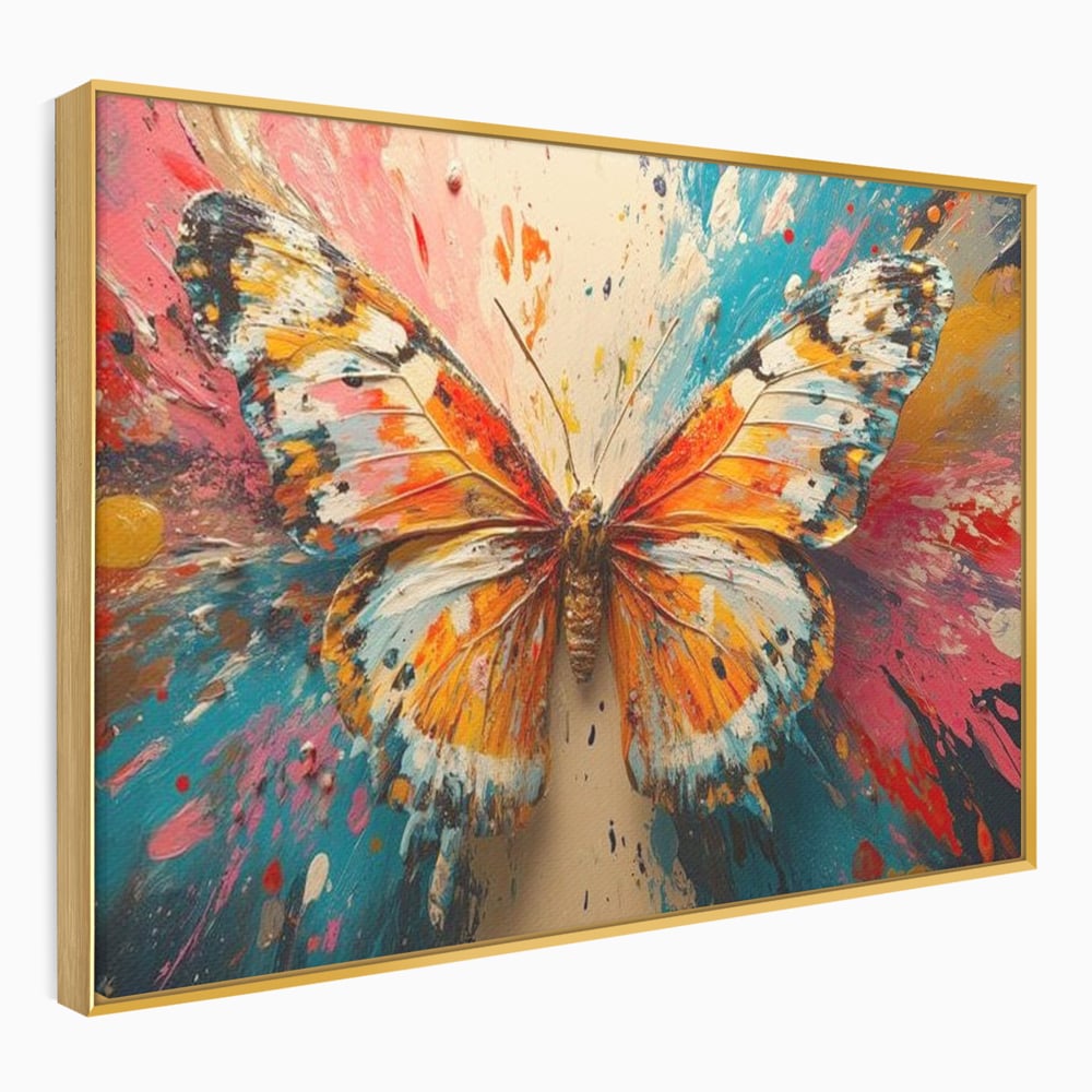 Tablou canvas cu pictura canvas cu fluture portocaliu pe fond cromatic, in rama de aluminiu auriu