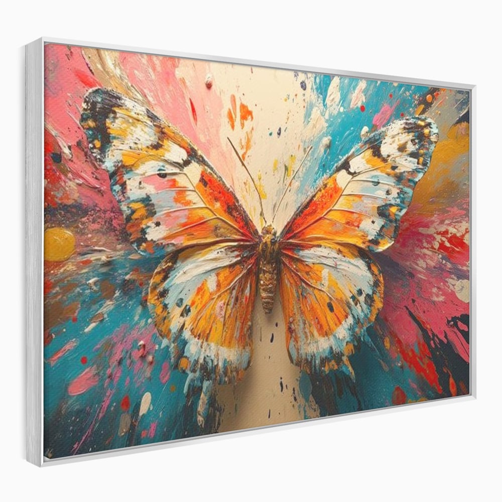 Tablou canvas cu pictura canvas cu fluture portocaliu pe fond cromatic, in rama de aluminiu argintiu