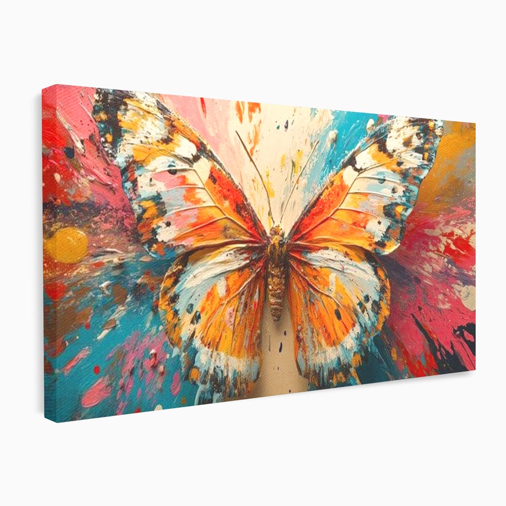 Tablou canvas cu pictura canvas cu fluture portocaliu pe fond cromatic, fara rama, pe sasiu de lemn