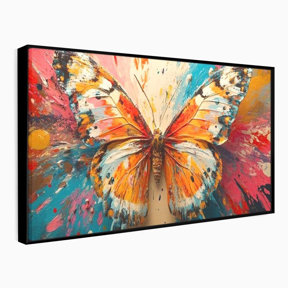 Tablou canvas cu pictura canvas cu fluture portocaliu pe fond cromatic, in rama de aluminiu negru