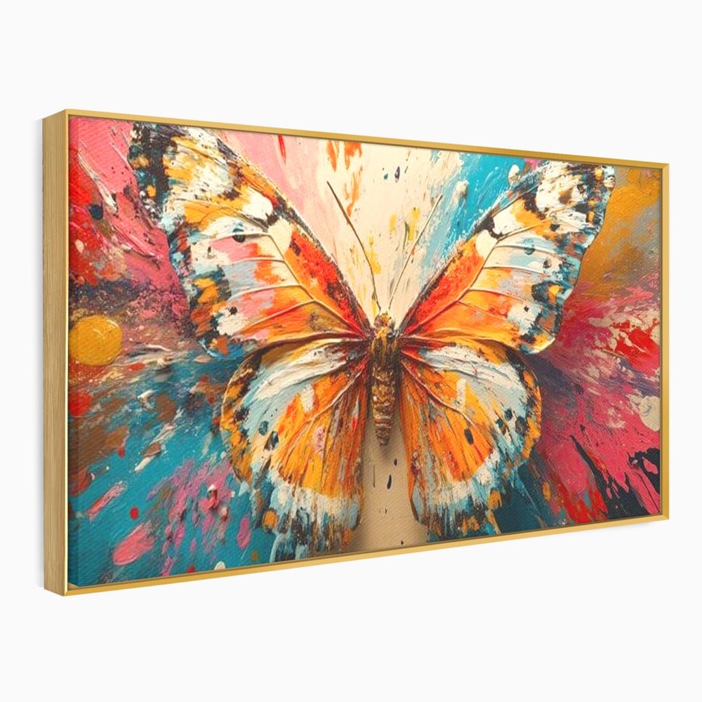 Tablou canvas cu pictura canvas cu fluture portocaliu pe fond cromatic, in rama de aluminiu auriu