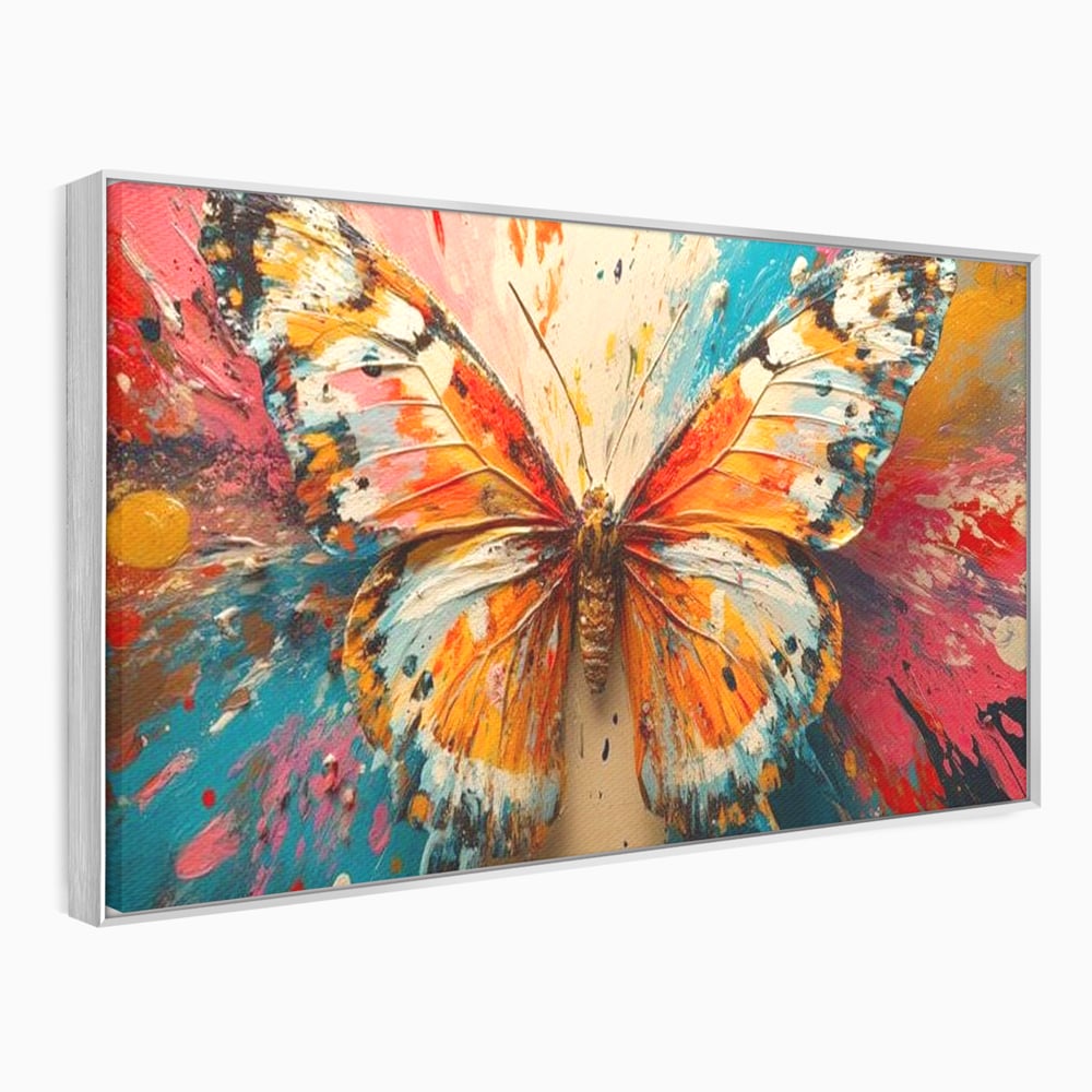 Tablou canvas cu pictura canvas cu fluture portocaliu pe fond cromatic, in rama de aluminiu argintiu