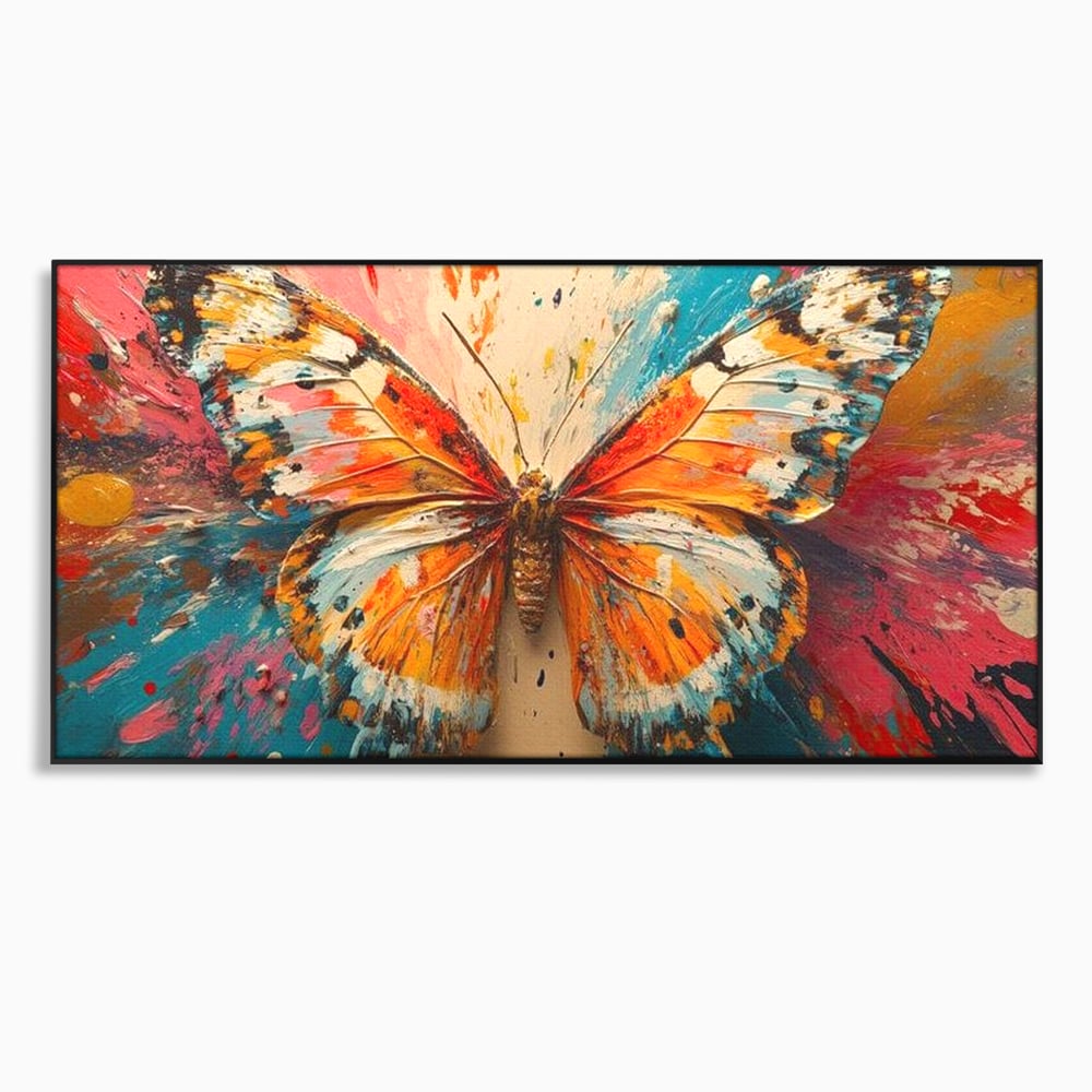 Tablou canvas cu pictura canvas cu fluture portocaliu pe fond cromatic, in rama de aluminiu negru