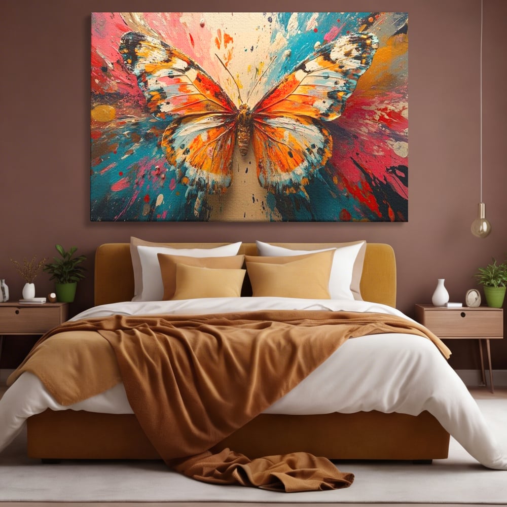 Tablou canvas cu pictura canvas cu fluture portocaliu pe fond cromatic, fara rama, pe sasiu de lemn, pe perete intr-un dormitor
