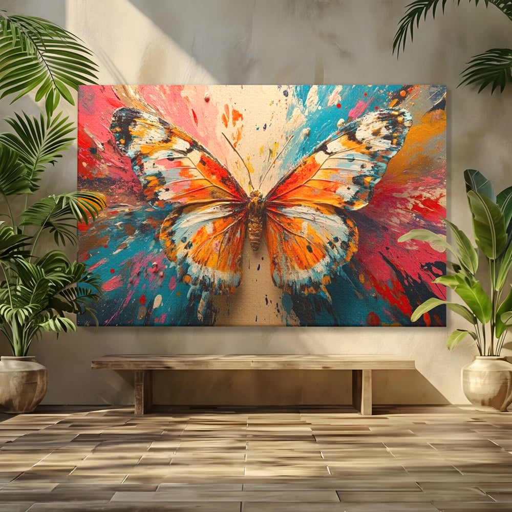 Tablou canvas cu pictura canvas cu fluture portocaliu pe fond cromatic, fara rama, pe sasiu de lemn