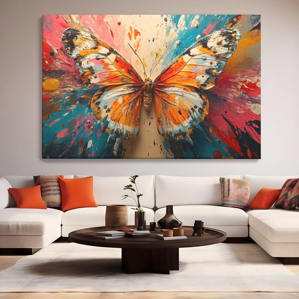 Tablou canvas cu pictura canvas cu fluture portocaliu pe fond cromatic, fara rama, pe sasiu de lemn, pe perete intr-un living