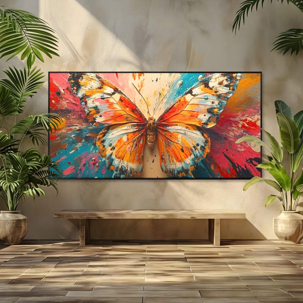 Tablou canvas cu pictura canvas cu fluture portocaliu pe fond cromatic, in rama de aluminiu negru