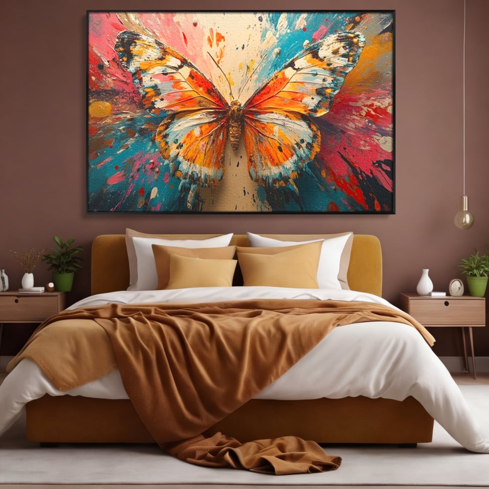 Tablou canvas cu pictura canvas cu fluture portocaliu pe fond cromatic, in rama de aluminiu negru, pe perete intr-un dormitor