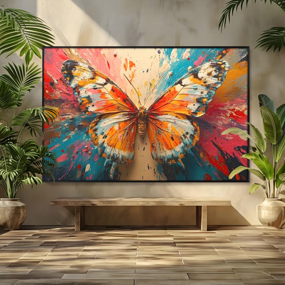 Tablou canvas cu pictura canvas cu fluture portocaliu pe fond cromatic, in rama de aluminiu negru