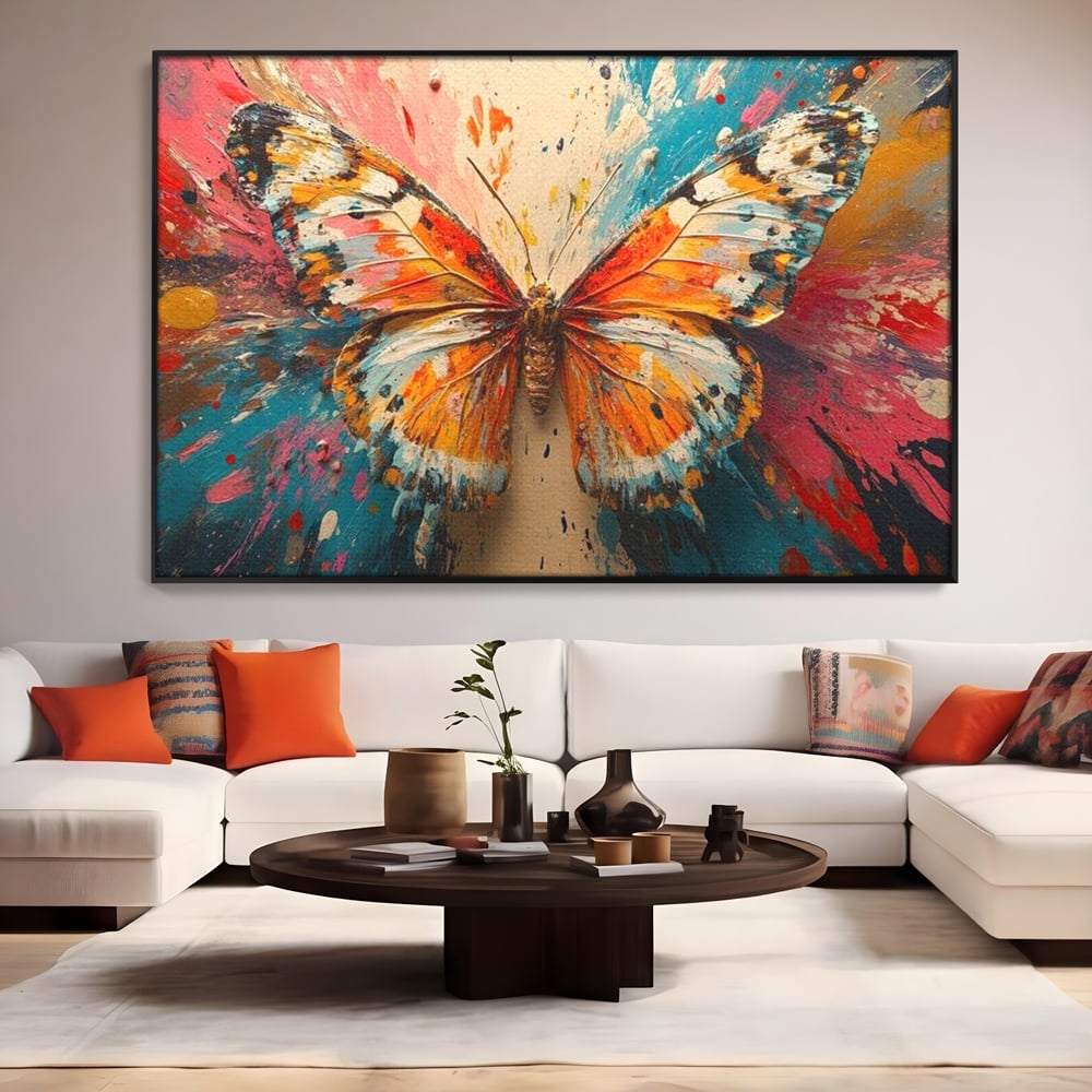 Tablou canvas cu pictura canvas cu fluture portocaliu pe fond cromatic, in rama de aluminiu negru, pe perete intr-un living