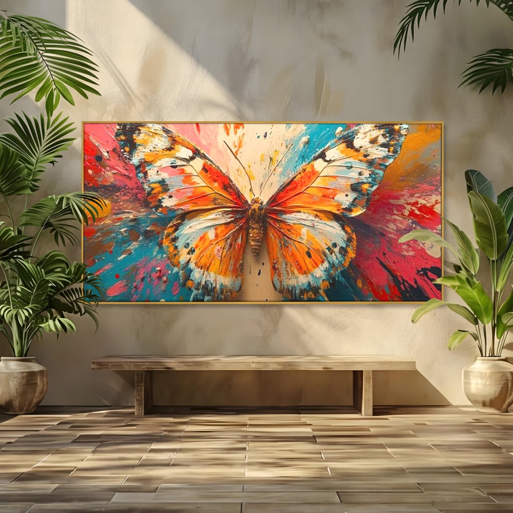 Tablou canvas cu pictura canvas cu fluture portocaliu pe fond cromatic, in rama de aluminiu auriu