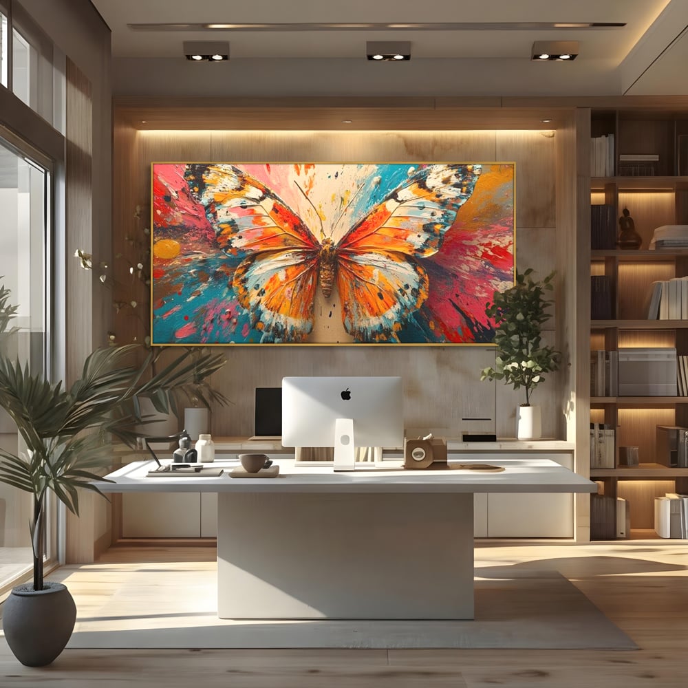 Tablou canvas cu pictura canvas cu fluture portocaliu pe fond cromatic, in rama de aluminiu auriu, pe perete intr-un birou
