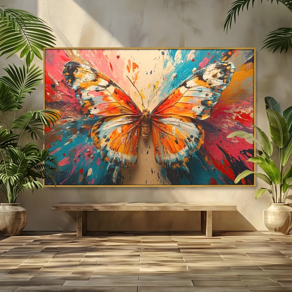 Tablou canvas cu pictura canvas cu fluture portocaliu pe fond cromatic, in rama de aluminiu auriu