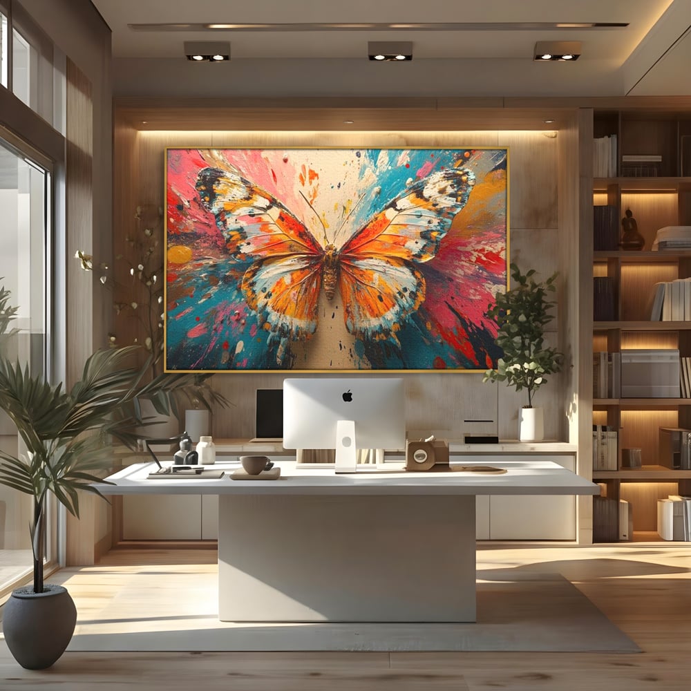 Tablou canvas cu pictura canvas cu fluture portocaliu pe fond cromatic, in rama de aluminiu auriu, pe perete intr-un birou