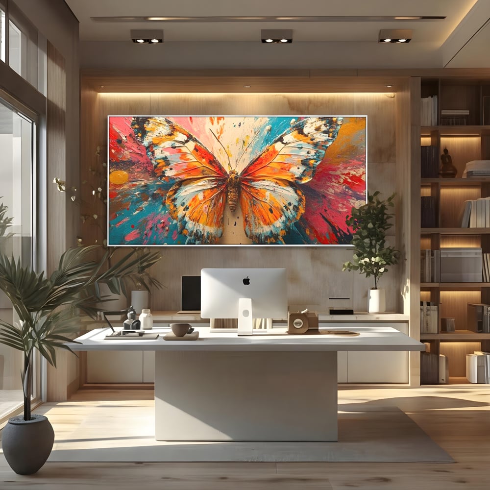 Tablou canvas cu pictura canvas cu fluture portocaliu pe fond cromatic, in rama de aluminiu argintiu, pe perete intr-un birou