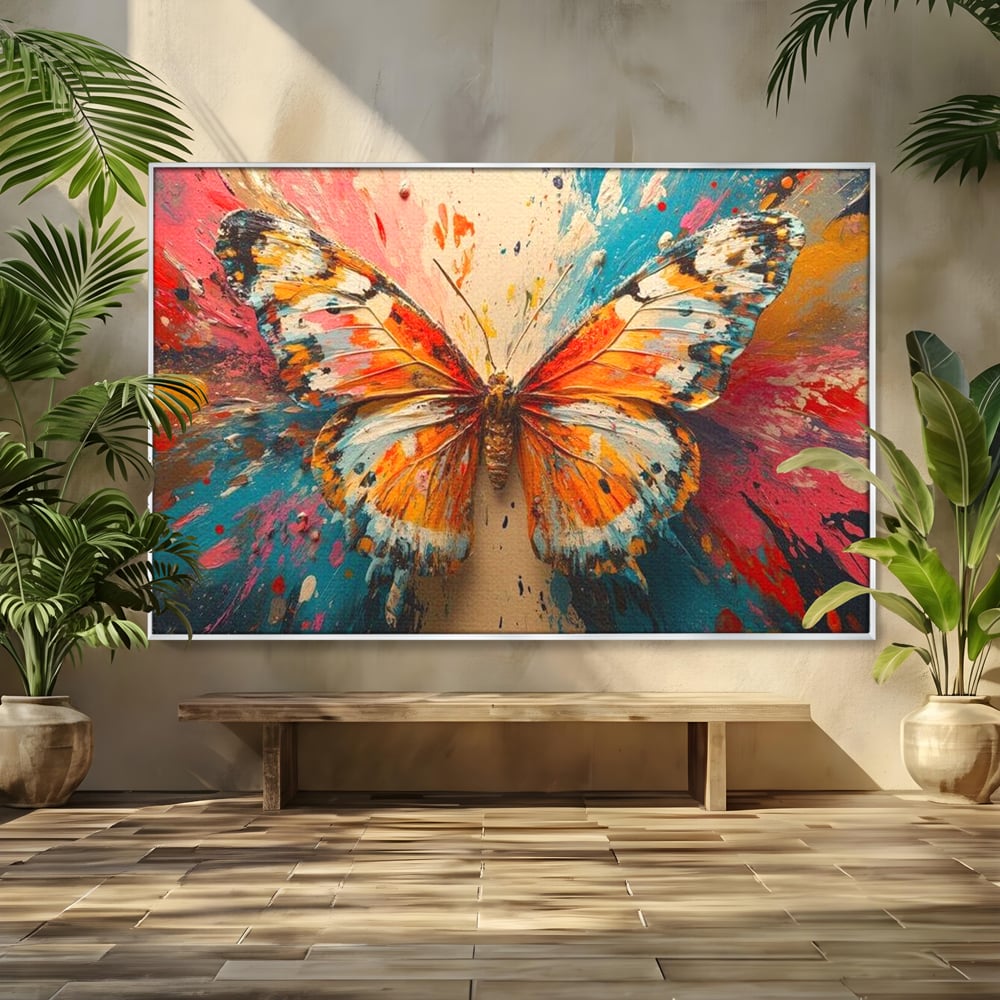 Tablou canvas cu pictura canvas cu fluture portocaliu pe fond cromatic, in rama de aluminiu argintiu