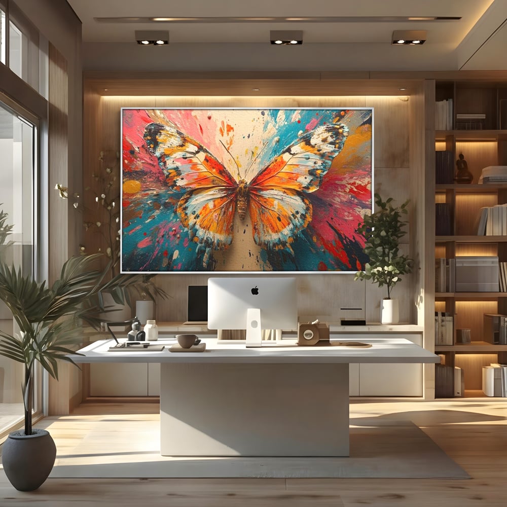 Tablou canvas cu pictura canvas cu fluture portocaliu pe fond cromatic, in rama de aluminiu argintiu, pe perete intr-un birou