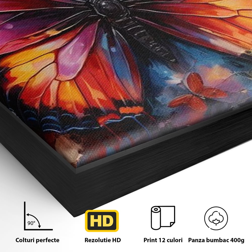 Detaliu al suprafetei: tablou canvas cu fluture central multicolor, in rama de aluminiu negru