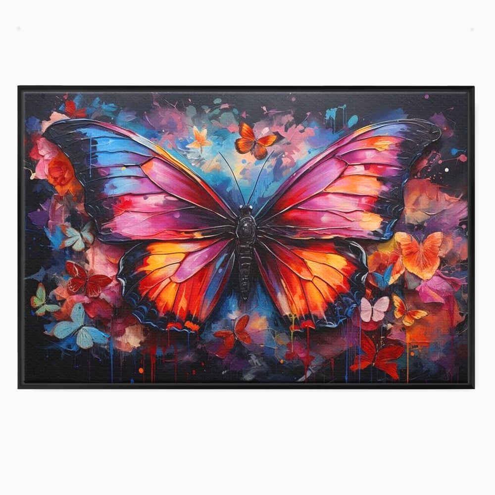 Tablou canvas cu tablou canvas cu fluture central multicolor, in rama de aluminiu negru