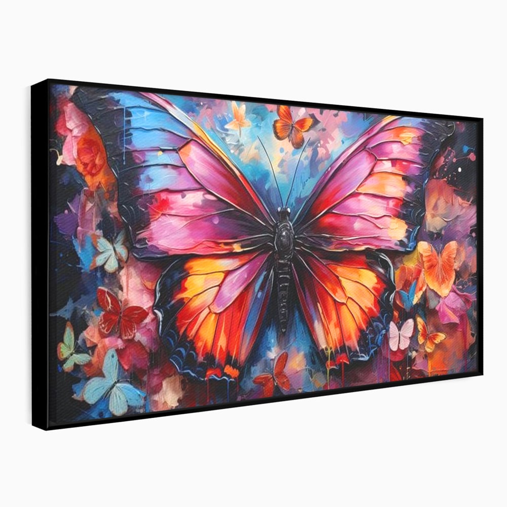 Tablou canvas cu tablou canvas cu fluture central multicolor, in rama de aluminiu negru