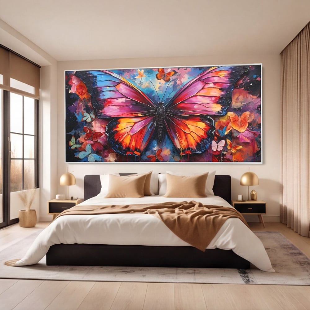 Tablou canvas cu tablou canvas cu fluture central multicolor, in rama de aluminiu argintiu, pe perete intr-un dormitor