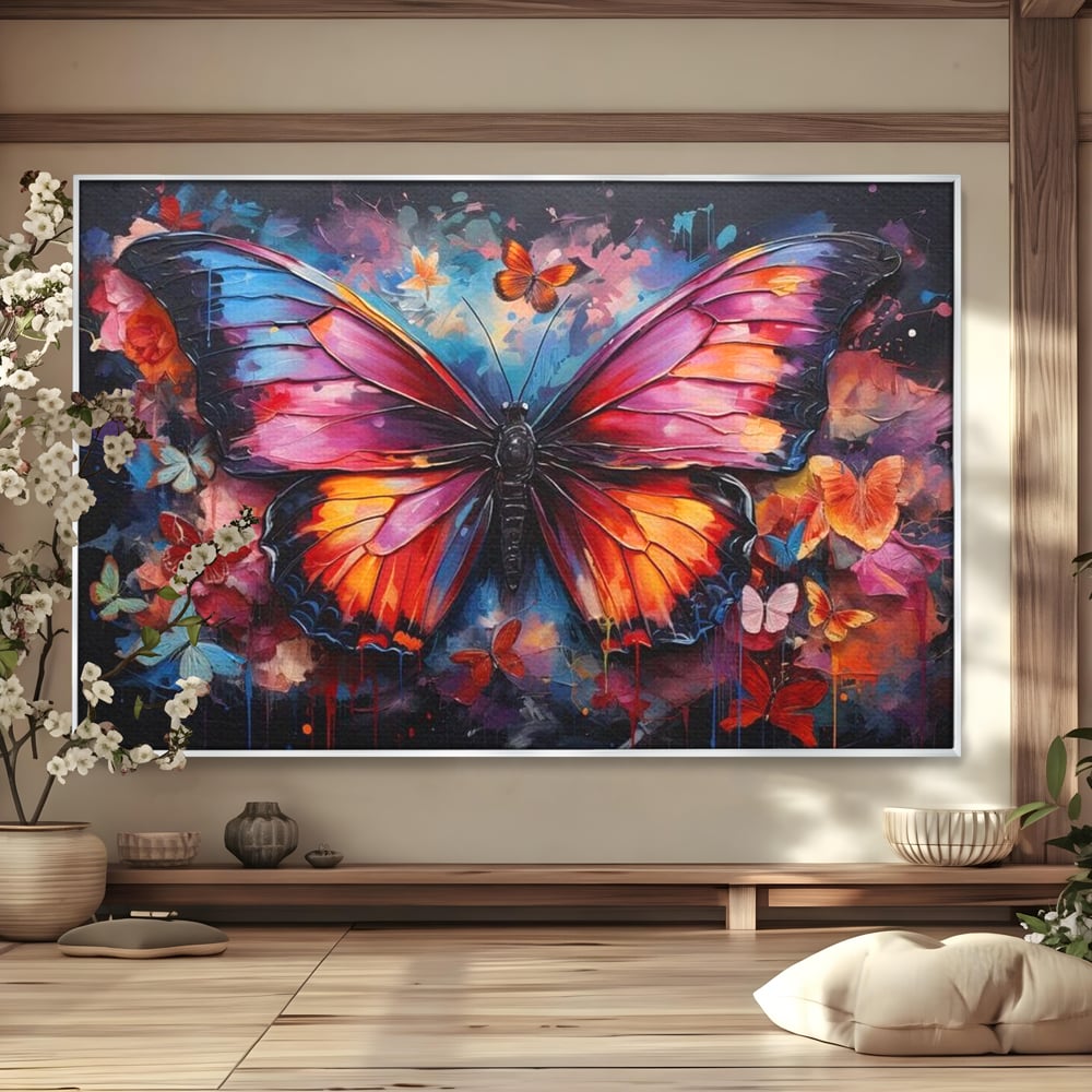 Tablou canvas cu tablou canvas cu fluture central multicolor, in rama de aluminiu argintiu