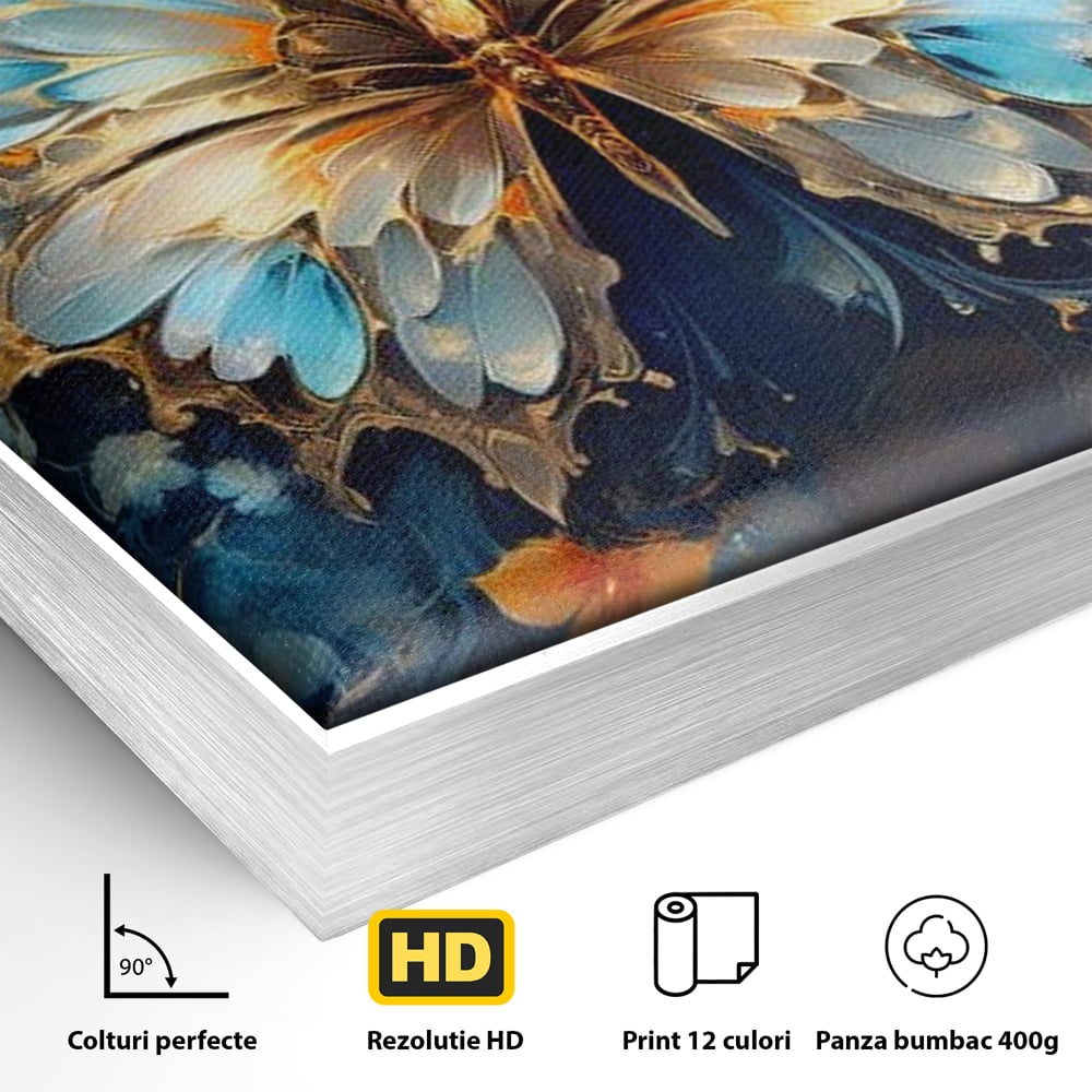 Detaliu al suprafetei: tablou canvas cu fluture si flori, in rama de aluminiu argintiu