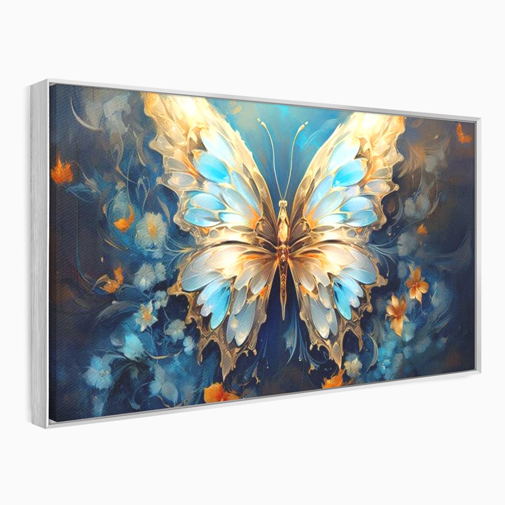 Tablou canvas cu tablou canvas cu fluture si flori, in rama de aluminiu argintiu