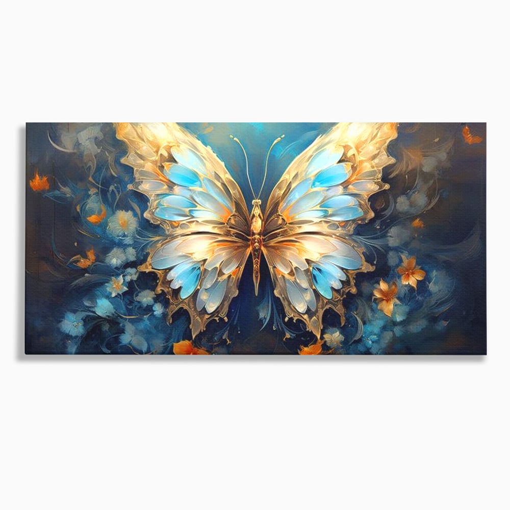Tablou canvas cu tablou canvas cu fluture si flori, fara rama, pe sasiu de lemn