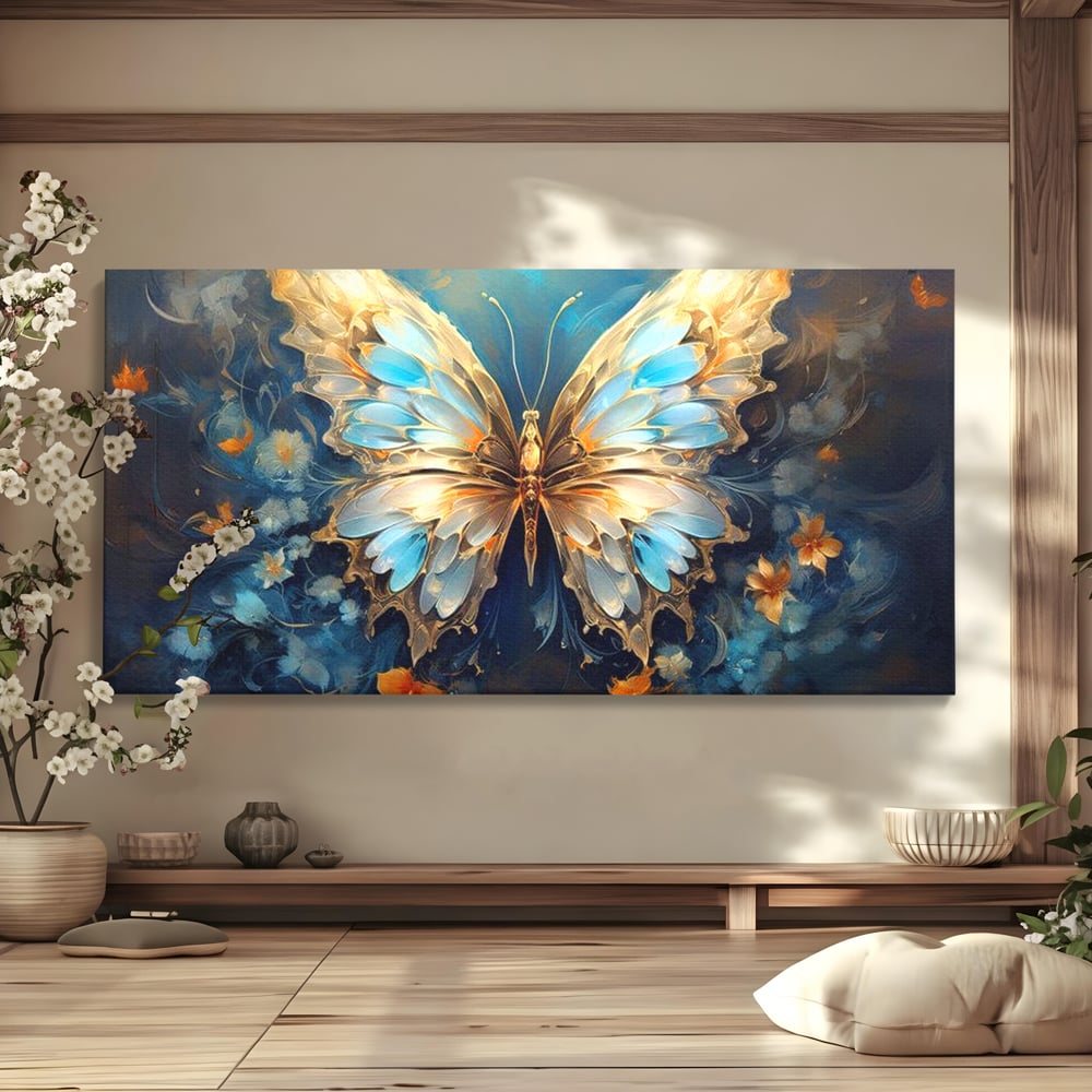 Tablou canvas cu tablou canvas cu fluture si flori, fara rama, pe sasiu de lemn