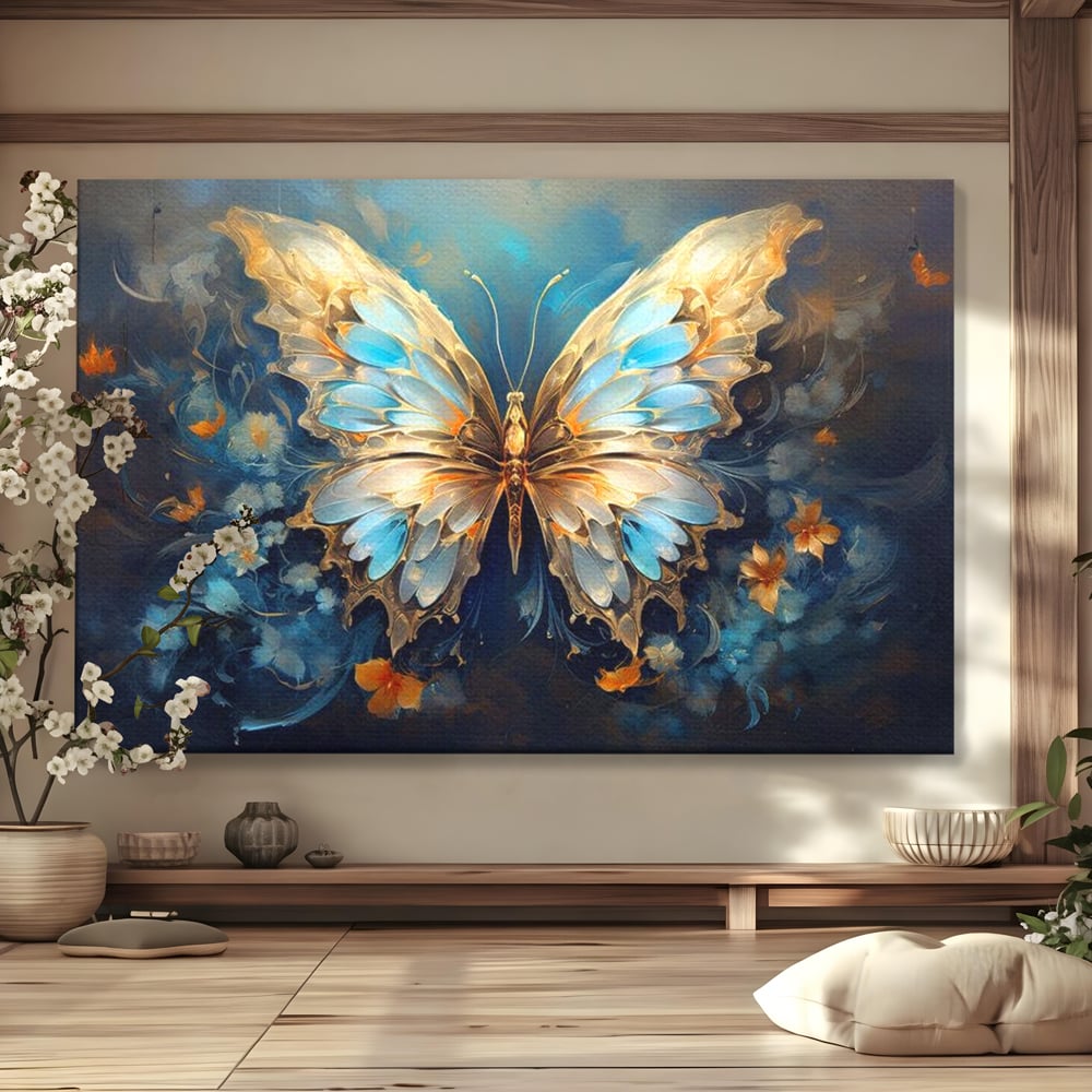Tablou canvas cu tablou canvas cu fluture si flori, fara rama, pe sasiu de lemn