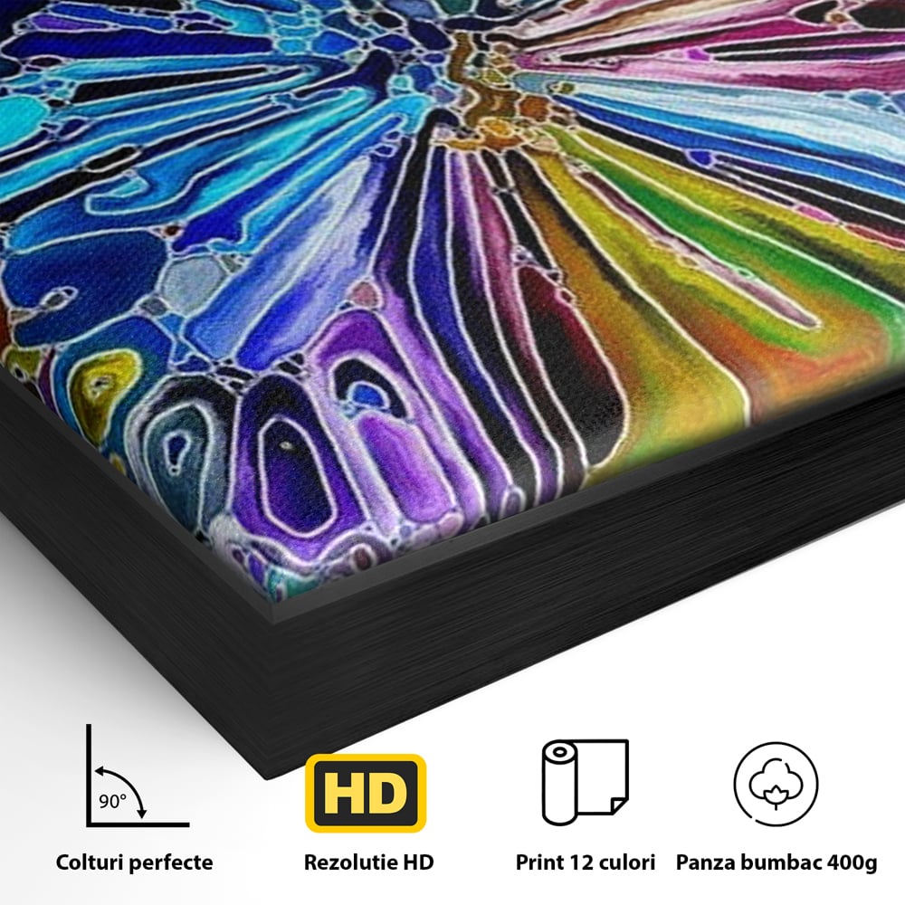 Detaliu al suprafetei: tablou canvas cu fluture mozaic multicolor, in rama de aluminiu negru