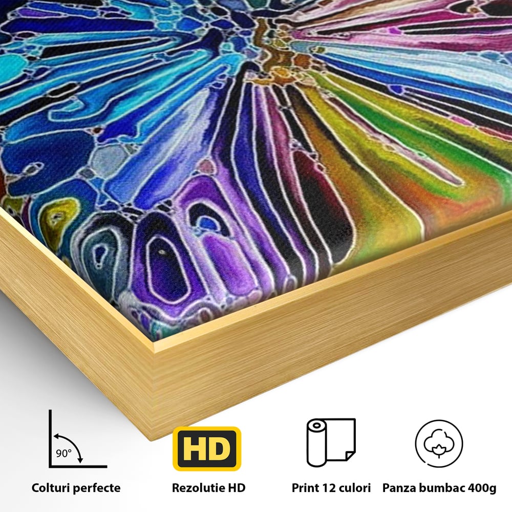 Detaliu al suprafetei: tablou canvas cu fluture mozaic multicolor, in rama de aluminiu auriu
