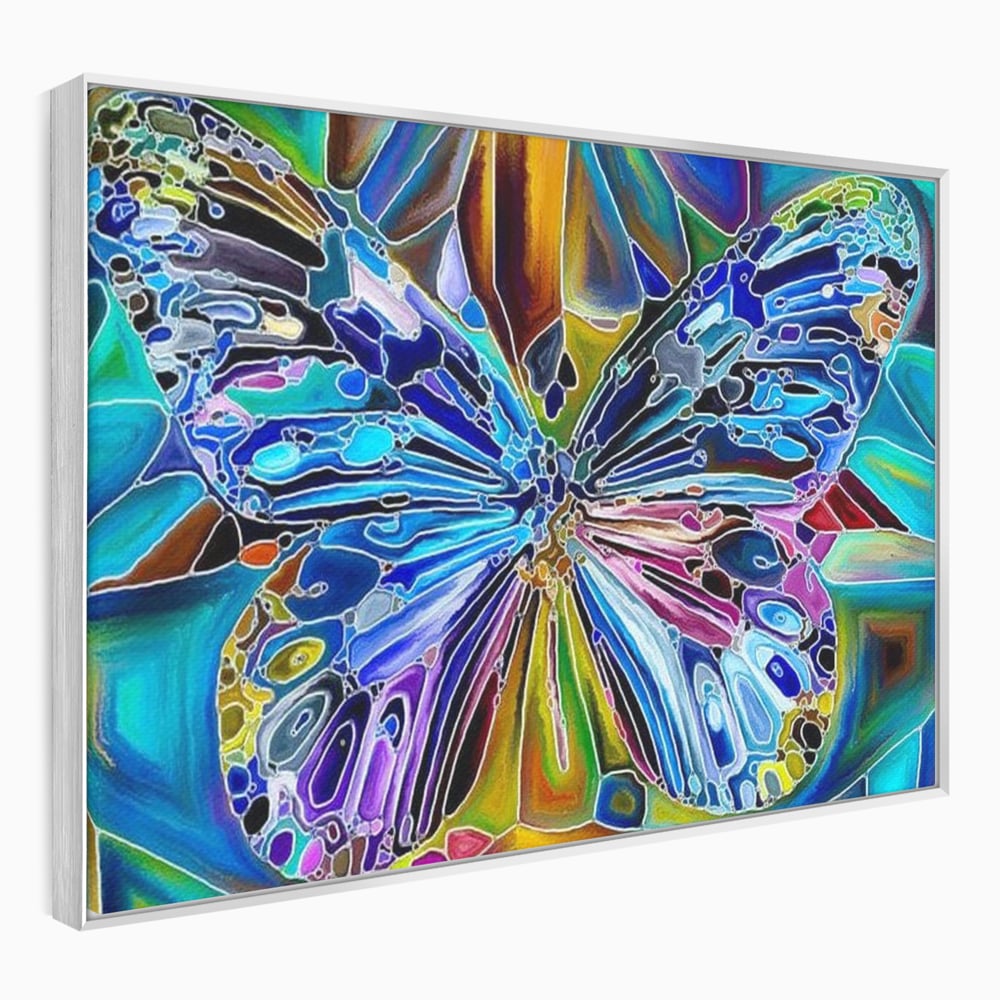 Tablou canvas cu tablou canvas cu fluture mozaic multicolor, in rama de aluminiu argintiu