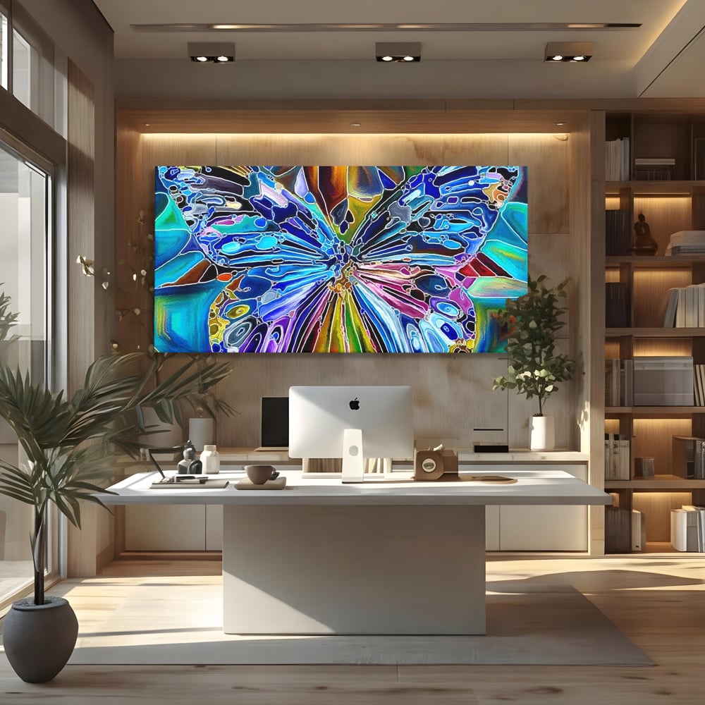 Tablou canvas cu tablou canvas cu fluture mozaic multicolor, fara rama, pe sasiu de lemn, pe perete intr-un birou