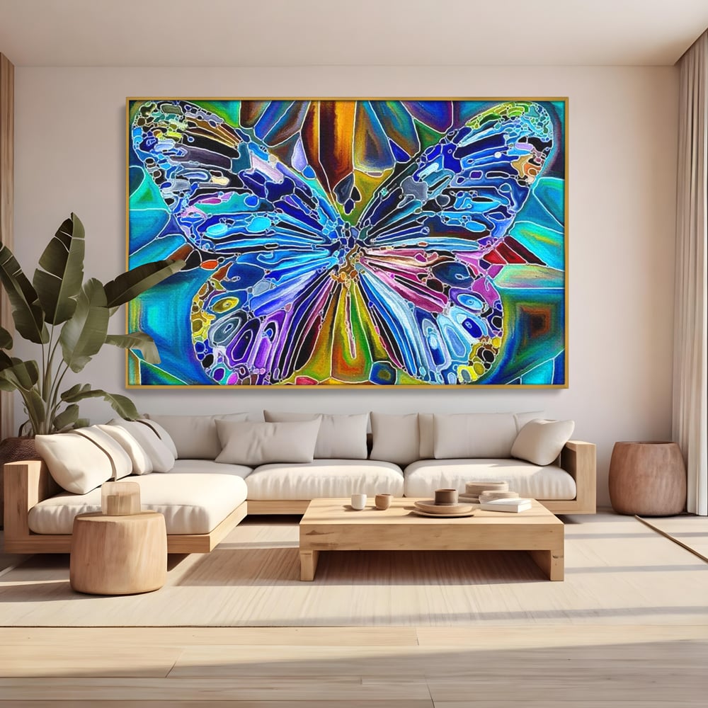 Tablou canvas cu tablou canvas cu fluture mozaic multicolor, in rama de aluminiu auriu, pe perete intr-un living
