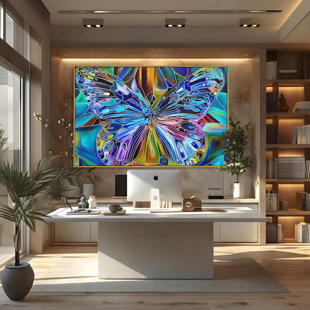Tablou canvas cu tablou canvas cu fluture mozaic multicolor, in rama de aluminiu auriu, pe perete intr-un birou