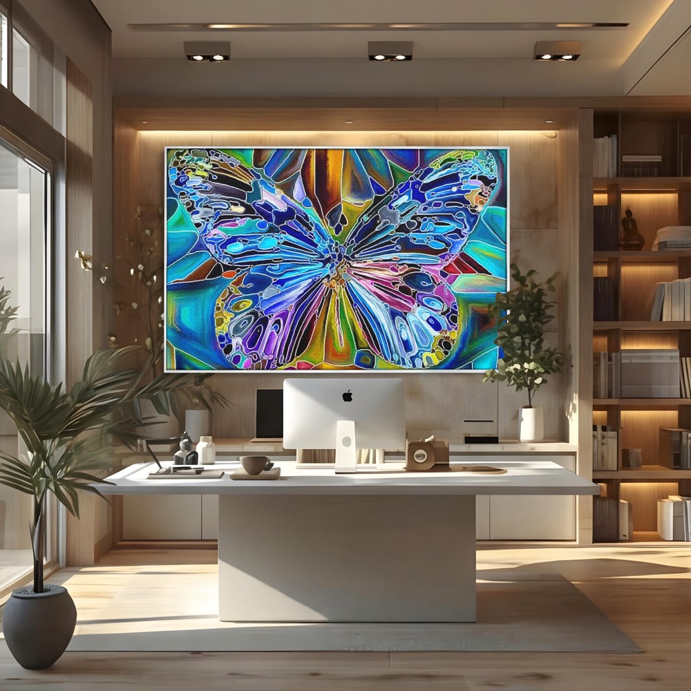 Tablou canvas cu tablou canvas cu fluture mozaic multicolor, in rama de aluminiu argintiu, pe perete intr-un birou