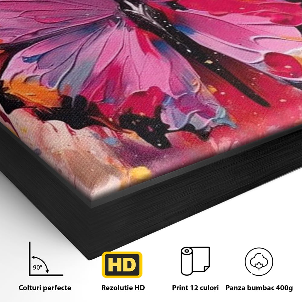 Detaliu al suprafetei: pictura digitala cu fluture roz, in rama de aluminiu negru
