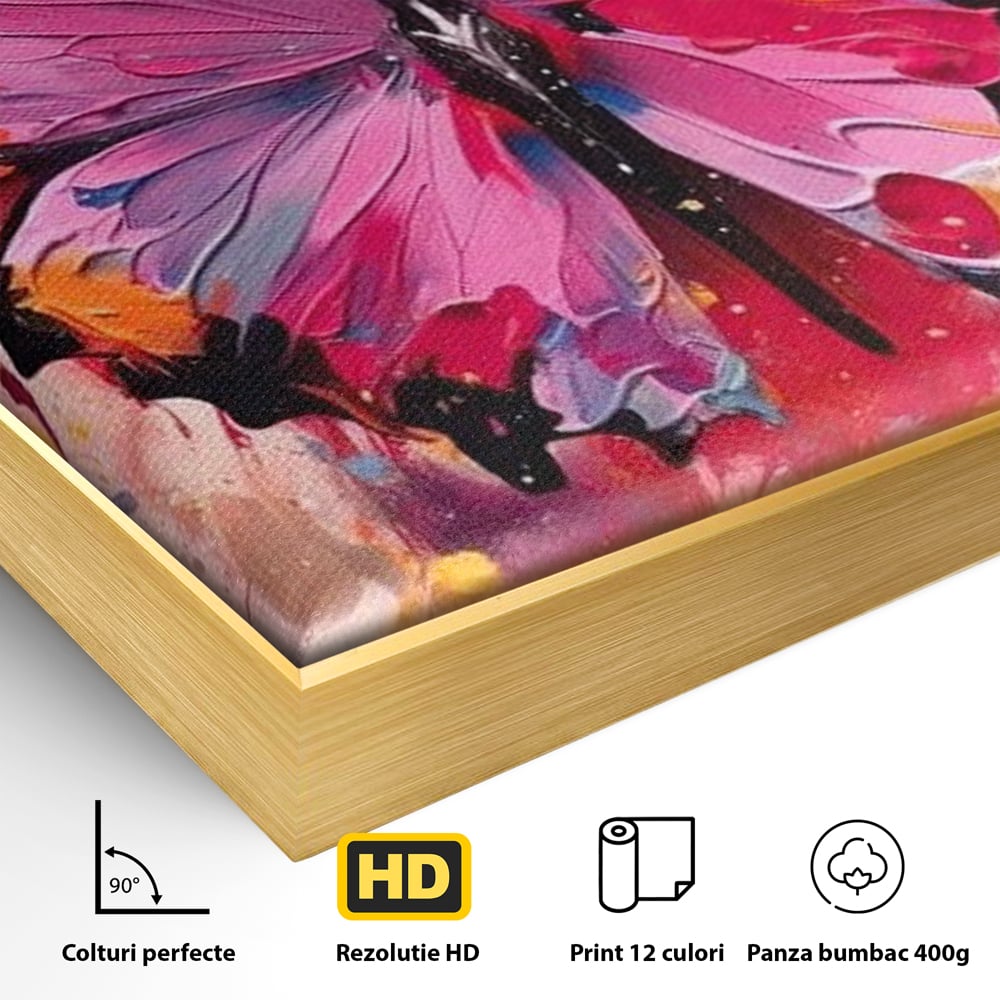 Detaliu al suprafetei: pictura digitala cu fluture roz, in rama de aluminiu auriu