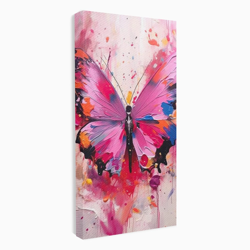 Tablou canvas cu pictura digitala cu fluture roz, fara rama, pe sasiu de lemn