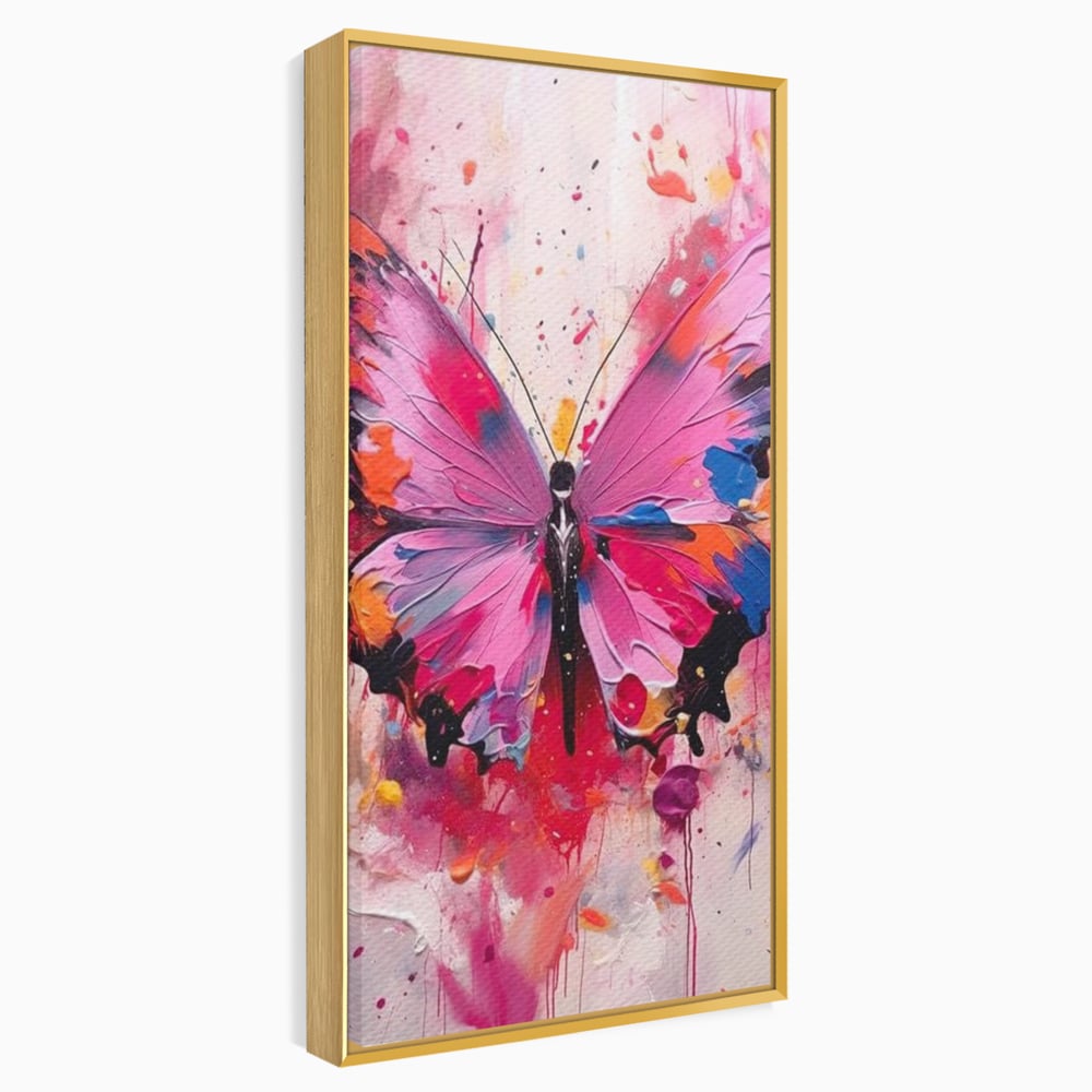 Tablou canvas cu pictura digitala cu fluture roz, in rama de aluminiu auriu