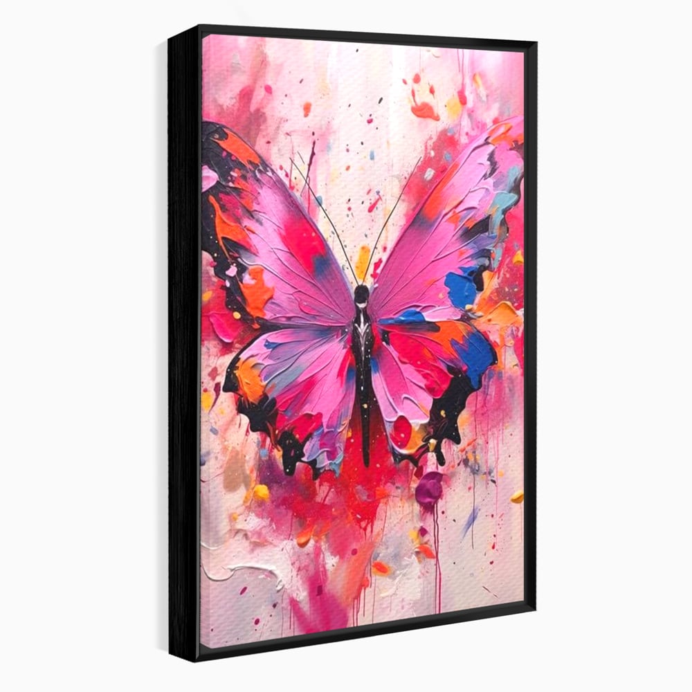 Tablou canvas cu pictura digitala cu fluture roz, in rama de aluminiu negru